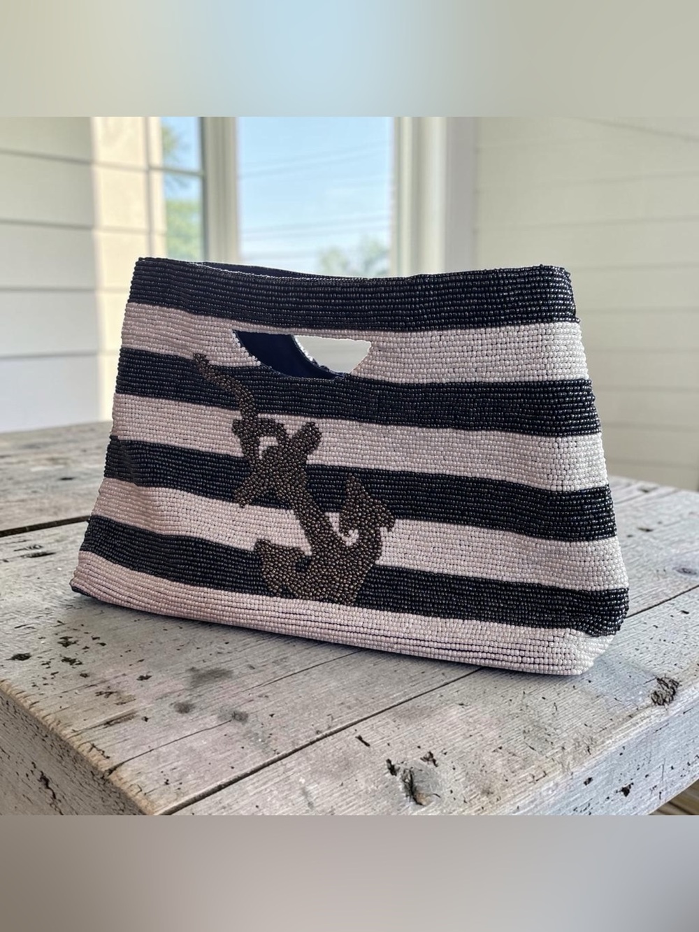 MOYNA‎ Hand Beaded Nautical Striped Anchor Clutch Bag Coastal Resort